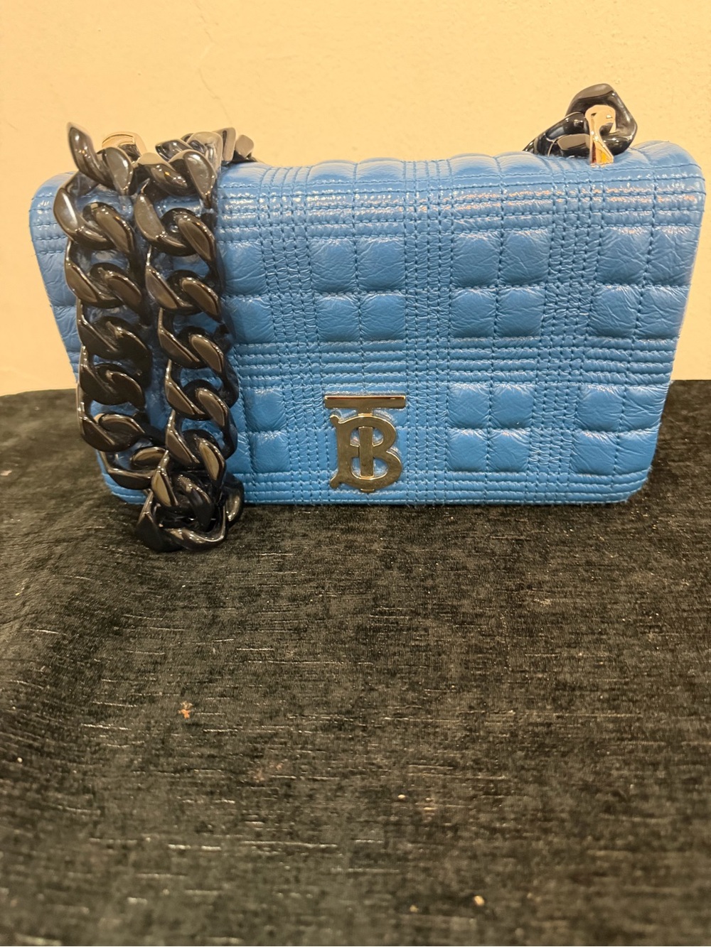 Burberry Lola Blue Quilted Crossbody Bag with Black resin Chain